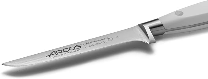 Arcos Boning Knife 5 Inch Nitrum Stainless Steel and 130 mm blade. Professional Butcher Knife to Slice Bones from Meat. Ergonomic Polypropylene Handle. Series Riviera Blanc. Color White