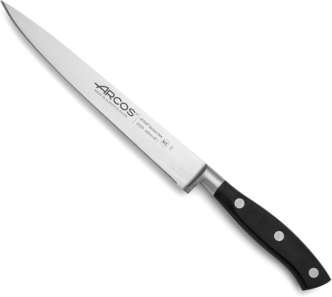 Arcos Knife 8 Inch Nitrum Stainless Steel and 200 mm blade. Sharp Knife to Meat and Fish. Ergonomic Polyoxymethylene POM Handle. Series Riviera. Color Black