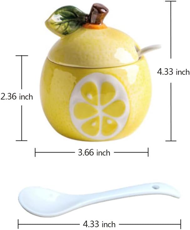 Ceramics Fruit Shaped Sugar Bowl Salt Pot Pepper Storage Jar with Lid and Spoon Seasoning Box Condiment Pots (Yellow Pomelo)