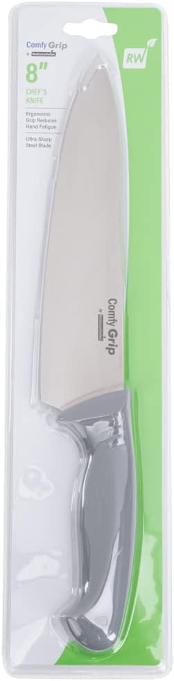 Restaurantware Comfy Grip 8 Inch Chef's Knife 1 Sharp Kitchen Knife - Ergonomic Handle Non-Slip Grip Gray Stainless Steel Cook's Knife Dishwashable Slice Dice Mince or Chop Ingredients