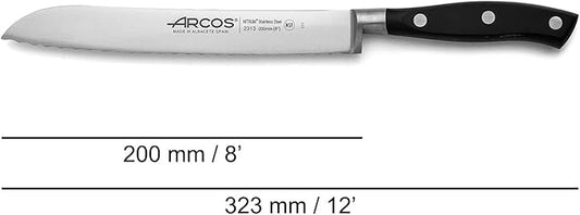 Arcos Bread Knife 8 Inch Nitrum Stainless Steel and 200 mm blade. Obtain a great variety of cuts for your food Ideal knife for daily domestic use. Series Riviera. Color Black.