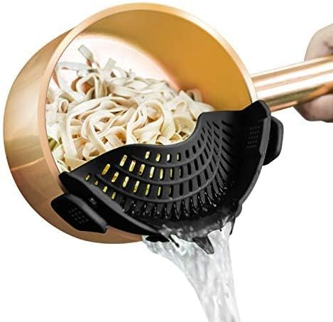 Clip On Strainer Silicone for Pots and Pans, Clip on Food Strainer Silicone for Pasta, Meat, Vegetables & Fruit (Black) (Black)