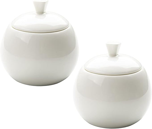 Sizikato 2pcs Pure White Porcelain Sugar Bowl with Lid, 14 Oz Salt Bowl for Kitchen or Restaurant