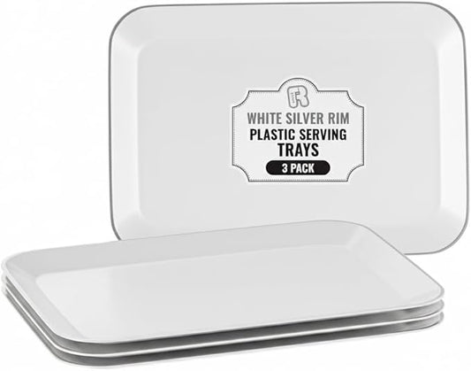 3 Pack Silver Plastic Serving Trays for Party - Silver Rim Serving Tray 8 x 11 Inch - Heavy Duty Dessert Trays for Food - Rectangular Party Serving Trays for Entertaining