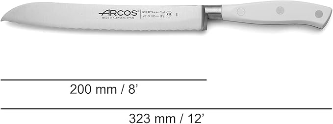 Arcos Bread Knife 8 Inch Nitrum Stainless Steel and 200 mm blade. Obtain a great variety of cuts for your food. Ideal knife for daily domestic use. Series Riviera Blanc. Color White.