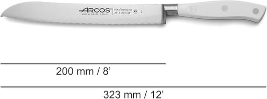Arcos Bread Knife 8 Inch Nitrum Stainless Steel and 200 mm blade. Obtain a great variety of cuts for your food. Ideal knife for daily domestic use. Series Riviera Blanc. Color White.