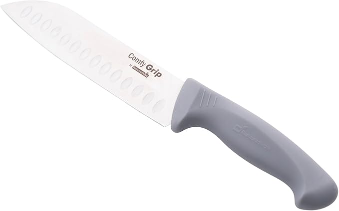 Restaurantware Comfy Grip 7 Inch Santoku Knife 1 Sharp Kitchen Knife - Ergonomic Handle Non-Slip Grip Gray Stainless Steel Japanese Chef Knife Dishwashable Granton Edge
