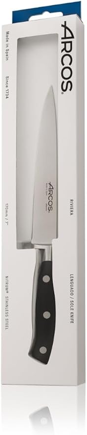 Arcos Forged Riviera Series - Sole/Fish Knife 7" - Nitrum Stainless Steel Blade - Polyoxymethylene (POM) Black Handle - Silver - Professional Cut and Durability