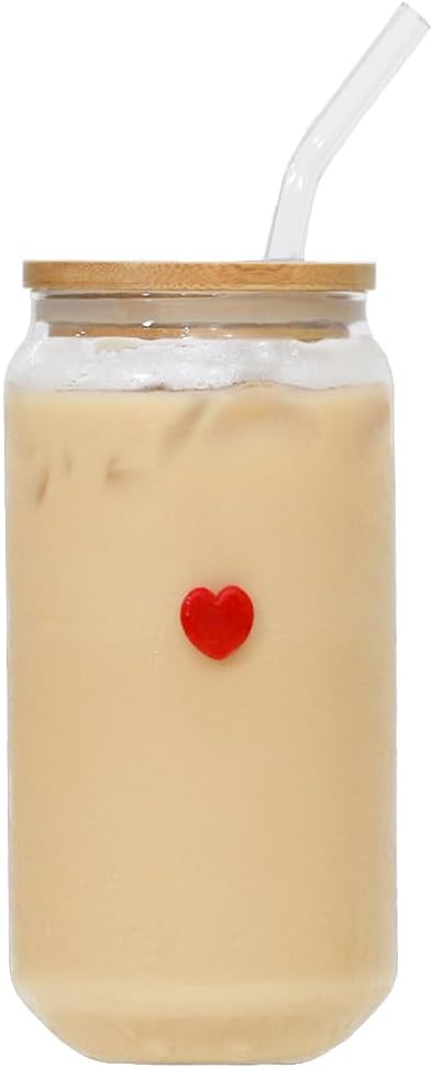 Coquette Aesthetic Glass Can Cup with Bamboo Lid and Straw, 16oz Cute Red Heart Travel Tumbler, Iced Coffee Matcha Smoothie Cup, Trendy Stuff Gifts for Women, Girl Gifts
