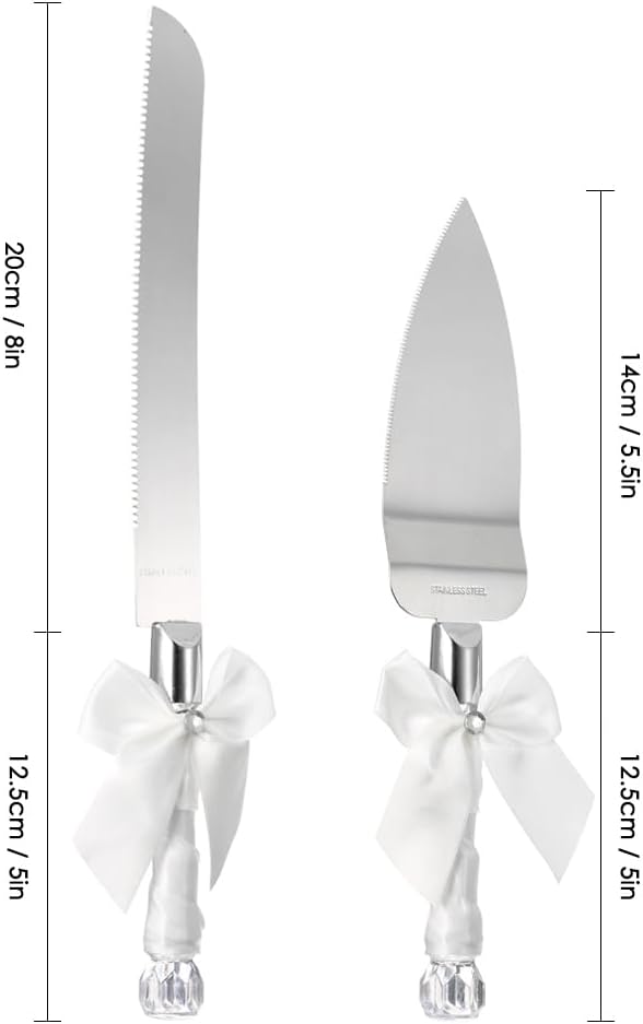 Irishom Stainless Steel Wedding Cake Knife Server Set Crystal Handles Cake Cutter with Packing Box for Wedding Anniversary (White Ribbon)