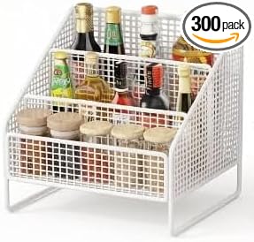 3-Tier Countertop Spice Rack Organizer with Mesh Shelves, Black Metal Kitchen Storage Shelf for Pantry, Counter, Cabinet, Condiments, Spices, Jars, Bathroom, Vanity (14.2" x 8.7" x 9.4") (white)