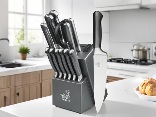 15-Piece German Kitchen Knife Set with Block - Ultra-Sharp Full-Tang Stainless Steel Blades, Built-In Sharpener, Dishwasher Safe, Ergonomic Non-Slip Handles, Christmas Elegant Gift Box, Modern Gray