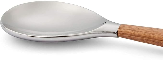 Nambé Curvo Serving Spoon, 13 x 3" Stainless Steel Bowl with Acacia Wood Handle, Modern Tableware Utensil for Serving Side Dishes, Salads, Main Courses, Pasta, Rice & Dinner Parties