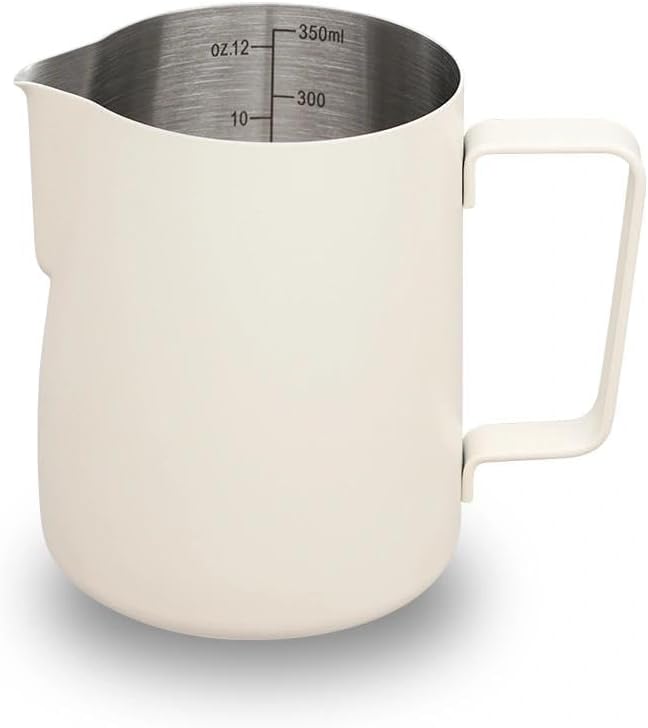 watchget Stainless Steel Milk Frothing Pitcher 12oz/350ml - Espresso Steaming Pitcher for Cappuccino, Latte Art, Coffee Machine Accessories Milk Jug Coffee Frother Cup, Creamy White