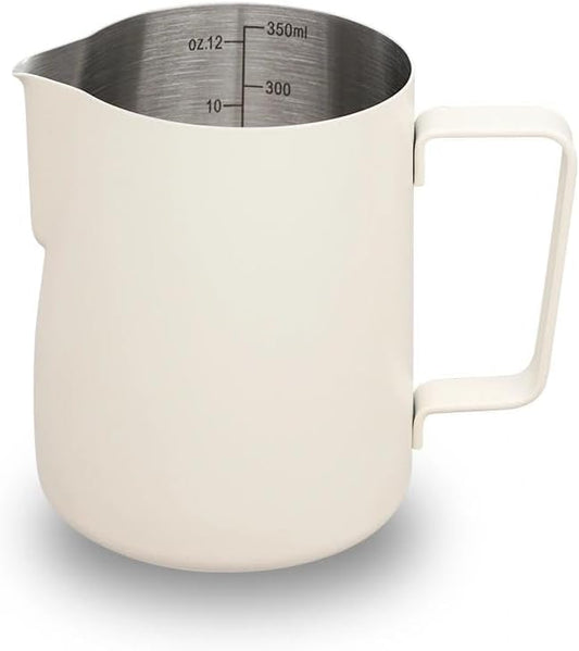 watchget Stainless Steel Milk Frothing Pitcher 12oz/350ml - Espresso Steaming Pitcher for Cappuccino, Latte Art, Coffee Machine Accessories Milk Jug Coffee Frother Cup, Creamy White