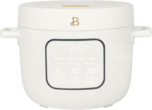 Beautiful 14-Cup Electric Rice & Grain Cooker, Ceramic Nonstick, 8 Presets, Slow Cook, Steamer Tray (White Icing)