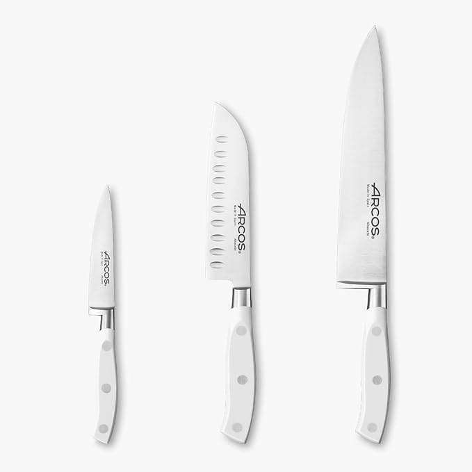Arcos Forged Knife 3 pieces - Nitrum Stainless Steel and mm blade. 613 gr. Ergonomic Polyoxymethylene POM Handle. Series Riviera Blanc. Thin blade with a characteristic smooth edge. Color White
