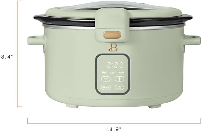Beautiful by Drew 4.0-Quart Programmable Slow Cooker with Hinged Lid, Digital Timer, Keep Warm Function, Removable Stoneware Pot, Stainless-Steel Accents (Sage Green)