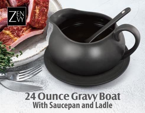 24 Oz Gravy Boat | Ceramic White Gravy Dish Set | Includes Gravy Boat, Saucer and Spoon (Matte Black)