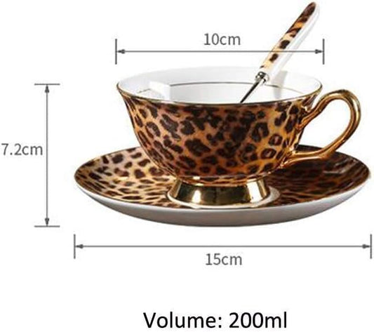 YBK Tech Euro Style Bone China Cup& Saucer Set, Ceramic Tea Coffee Cup for Home Kitchen Wedding (Leopard Pattern)