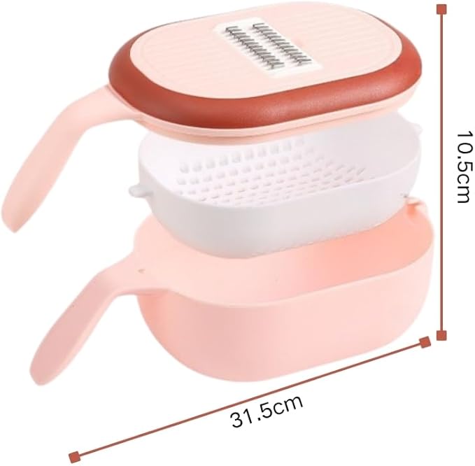 Pink 6-in-1 Vegetable Slicer and Grater with Drain Basket – Multifunctional Kitchen Mandoline Cutter for Slicing, Shredding, Grating – Includes 6 Blades – Wash & Cut Integrated Design