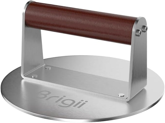 Brigii 6.3" Stainless Steel Smashed Burger Press, Round Flat Edge Grill Press for Crispy Smash Burgers, Hamburger Tool for Grill and Griddle Accessories, for BBQs and Tailgates, Dishwasher Safe