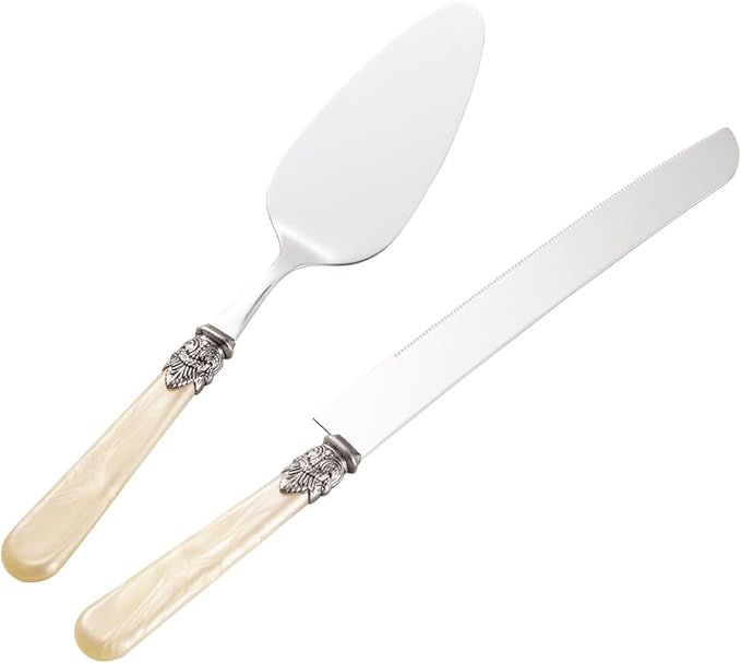 XIAOCORI 2-piece Cake Knife and Serve Set, Fancy Hand Craft Italian Design, Vintage Pie Knife Server Set with Handle, Cake Cutter Set (Champagne)