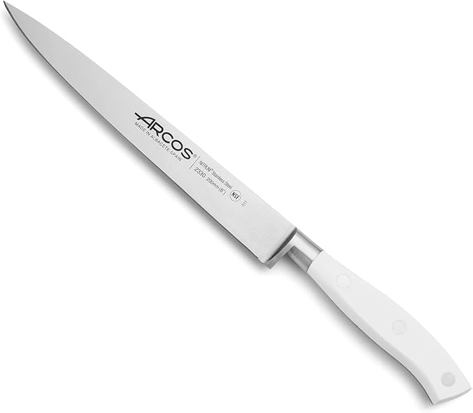 Arcos Forged Knife 8 Inch Nitrum Stainless Steel and 200 mm blade. Sharp Knife to Meat and Fish. Ergonomic Polyoxymethylene POM Handle. Series Riviera Blanc. Color White