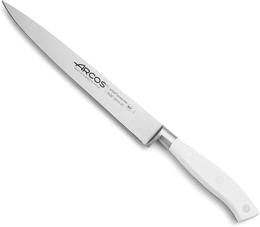 Arcos Forged Knife 8 Inch Nitrum Stainless Steel and 200 mm blade. Sharp Knife to Meat and Fish. Ergonomic Polyoxymethylene POM Handle. Series Riviera Blanc. Color White