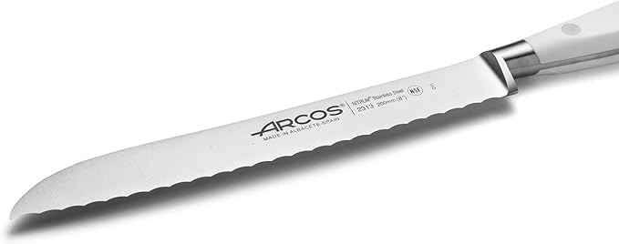 Arcos Bread Knife 8 Inch Nitrum Stainless Steel and 200 mm blade. Obtain a great variety of cuts for your food. Ideal knife for daily domestic use. Series Riviera Blanc. Color White.