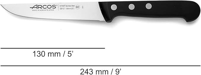 Arcos Kitchen Knife 5 Inch Nitrum Stainless Steel and 130 mm blade. Professional Utilty Knife. Ergonomic Polyoxymethylene POM Handle. Series Universal. Color Black