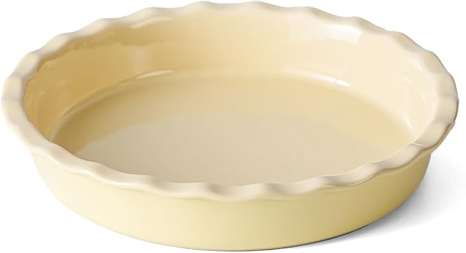 Avcylltty Ceramic Pie Pan for Baking 10 inch, Pie dish for Quiche, Apple Pie, Pot Pies, Deep dish pie plate with ruffled edges, Non-stick Cake Pan, Microwave,Dishwasher,and Oven Safe, Butter Yellow