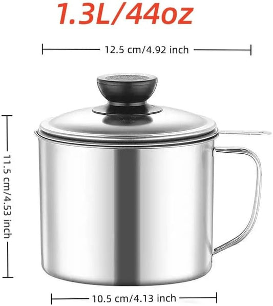 RIIPOO Grease Container for Kitchen, 44oz Bacon Grease Saver with Strainer, 304 Stainless Steel Cooking Oil Container Can, Oil Storage Keeper with Lid