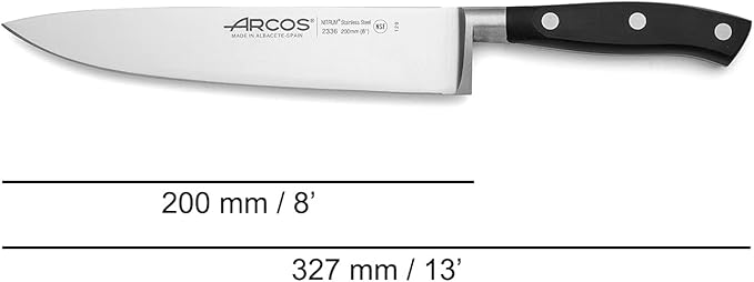 Arcos Forged Chef Knife 8 Inch Stainless Steel. Professional Cooking Knife for Cutting Fish, Meat and Onion. Ergonomic Polyoxymethylene Handle and 200mm Blade. Series Riviera. Color Black