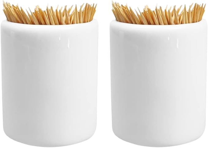 Sizikato 2pcs Simple Pure White Cylindrical Ceramic Toothpick Holder.