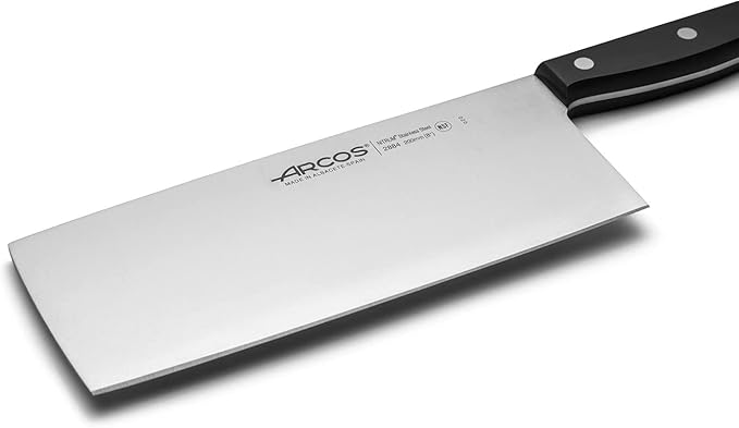 Arcos Cleaver Knife 8 Inch Nitrum Stainless Steel and 200 mm blade. 400 gr. Prolonged and heavy use. Ergonomic Polyoxymethylene POM Handle. Series Universal. Color Black