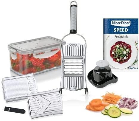 Genius Nicer Dicer Speed Vegetable Slicer with 3 Inserts, Stand and 550ml Collecting Container, Parmesan Grater, Julienne Grater and V-Slicer