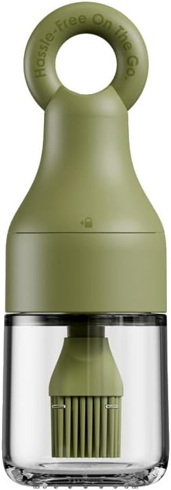 Oil Dispenser Bottle with Silicone Basting Brush, 5.07oz (150ml) Borosilicate Glass Oil Jar with Portable Ring Handle, Integrated Heat-Resistant Non-Drip Brush Cap for Kitchen, BBQ, Baking (Green)