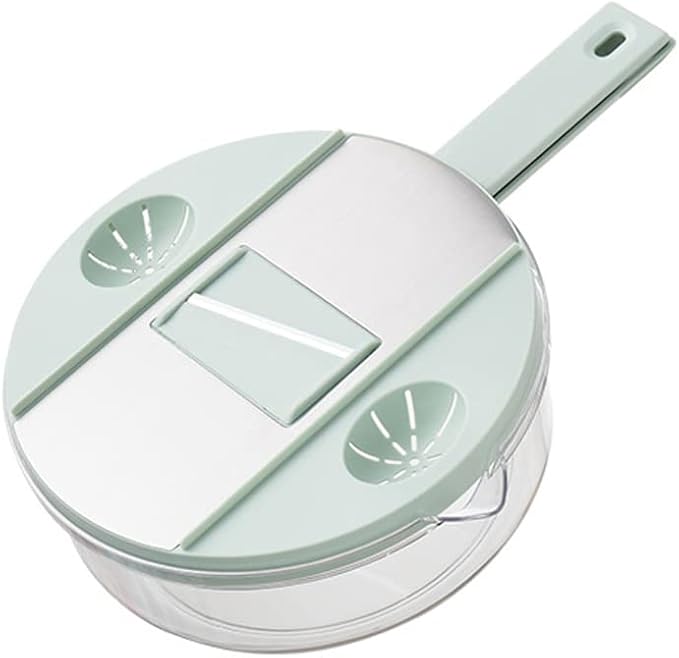 Adjustable Mandoline Food Slicer for Kitchen, Hand Safe Vegetable Shredder with 6 Blades, Vegetable, Potato,Carrot, Onion Stainless Steel Cutter with Anti Slip Pad, Hand Protector (Round Mint Green,