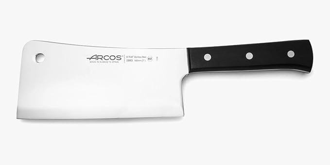 Arcos Cleaver Knife 7 Inch Nitrum Stainless Steel and 180 mm blade. Professional Knife for Boning. 545 gr. Ergonomic Polyoxymethylene POM Handle. Series Universal. Color Black