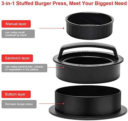 Luxiv 3 in 1 Burger Press, Hamburger Patty Maker Stuffed Burgers Press with 100p Hamburger Paper for BBQ Non-Stick Sliders Beef Hamburger Push (Black)