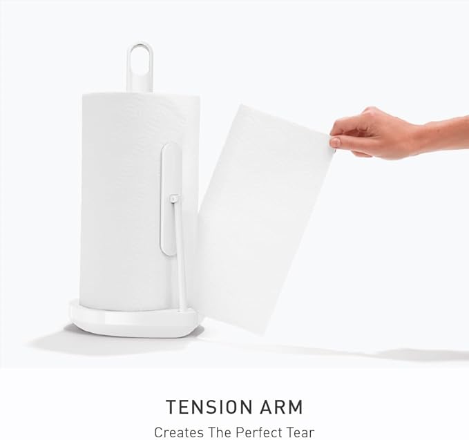 simplehuman Tension Arm Standing Paper Towel Holder, Heavy-Duty, Easy One-Handed Tear, Kitchen Countertop, White Stainless Steel