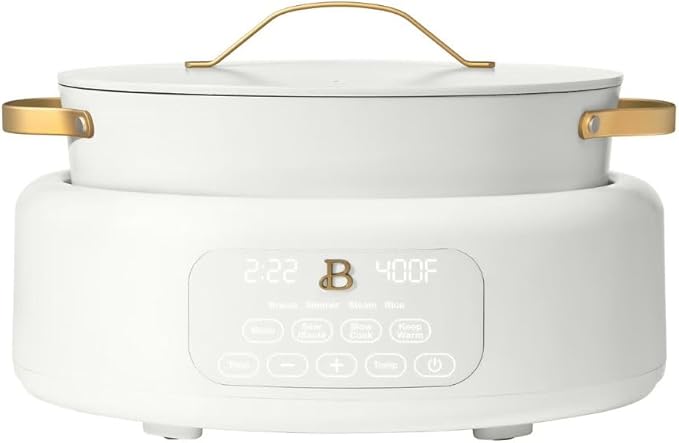 Beautiful 10-in-1 6-Qt Programmable Multi-Cooker with Oven-Safe Pot & 7 Presets – Slow Cook, Rice, Steam, Sauté (WHITE ICING)