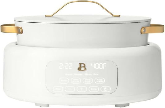 Beautiful 10-in-1 6-Qt Programmable Multi-Cooker with Oven-Safe Pot & 7 Presets – Slow Cook, Rice, Steam, Sauté (WHITE ICING)