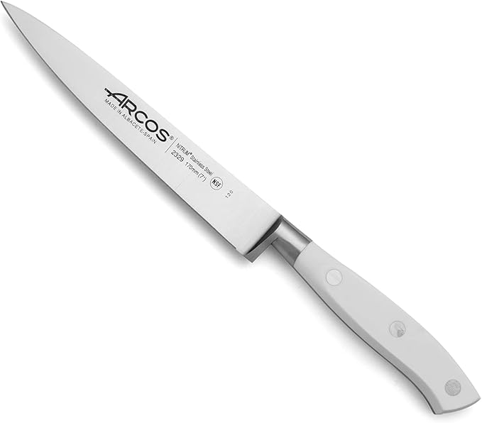 Arcos Sole Knife/Fish Knife 7 Inch Nitrum Stainless Steel and 170 mm blade. Ergonomic Polyoxymethylene POM Handle. Series Riviera Blanc. Thin blade with a characteristic smooth edge. Color White.