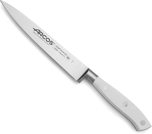 Arcos Sole Knife/Fish Knife 7 Inch Nitrum Stainless Steel and 170 mm blade. Ergonomic Polyoxymethylene POM Handle. Series Riviera Blanc. Thin blade with a characteristic smooth edge. Color White.