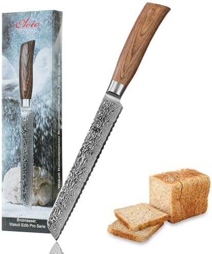 Wakoli EDIB Pro Premium Damascus Bread Knife – Japanese Style Kitchen Knife | 7.9-Inch Blade Made of 67-Layer Damascus Steel with Corrugated Polished Blade | Ergonomic Pakkawood Handle