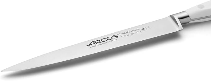 Arcos Forged Knife 8 Inch Nitrum Stainless Steel and 200 mm blade. Sharp Knife to Meat and Fish. Ergonomic Polyoxymethylene POM Handle. Series Riviera Blanc. Color White