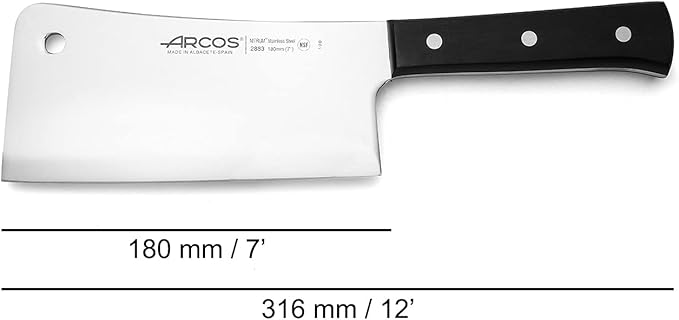 Arcos Cleaver Knife 7 Inch Nitrum Stainless Steel and 180 mm blade. Professional Knife for Boning. 545 gr. Ergonomic Polyoxymethylene POM Handle. Series Universal. Color Black