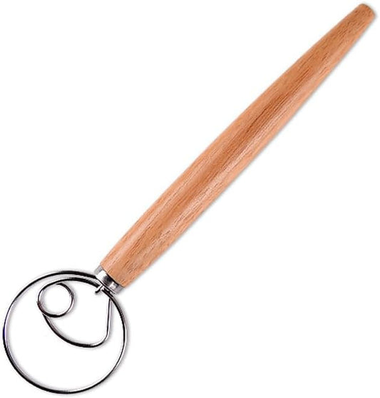 Danish Dough Whisk, 13-Inch Stainless Steel Hook Dutch Hand Mixer with Wooden Handle, Kitchen Tools For Cooking, Sourdough Baking